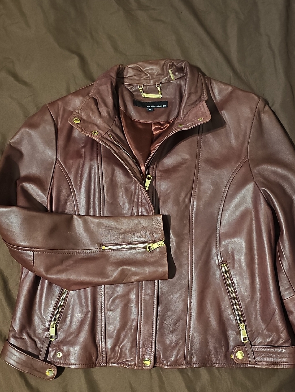 Wilsons Leather Women's Maroon Leather Moto Jacket